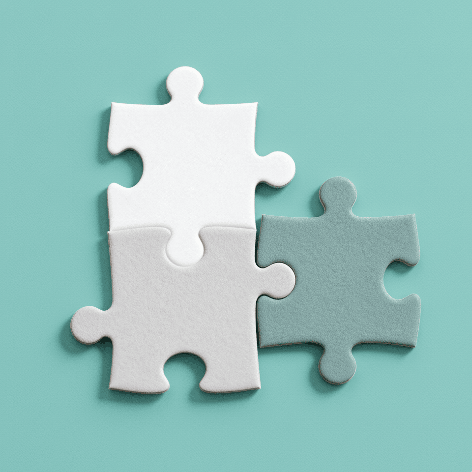 Three puzzle pieces on teal background